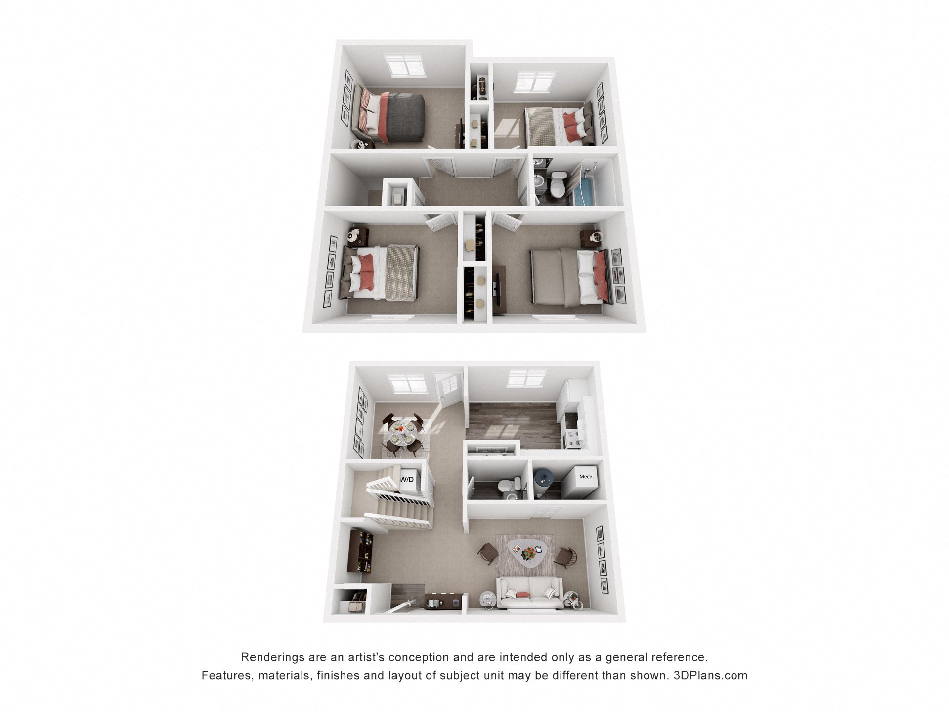 Floor plan for 4 beds, 1.5 baths, 1250 sqft